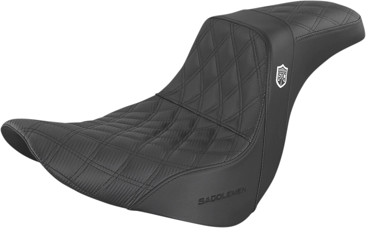 Bill's Exhausts SADDLEMEN Pro Series SDC performance motorcycle seat in black with lattice stitch and lumbar gripper design.