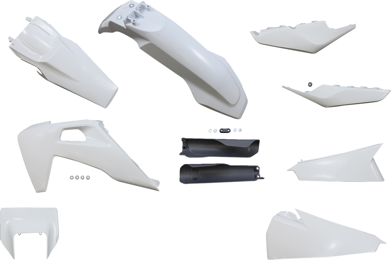 Acerbis OEM white and gray full replacement body kit for motorcycles, showing the assembled body panels.
