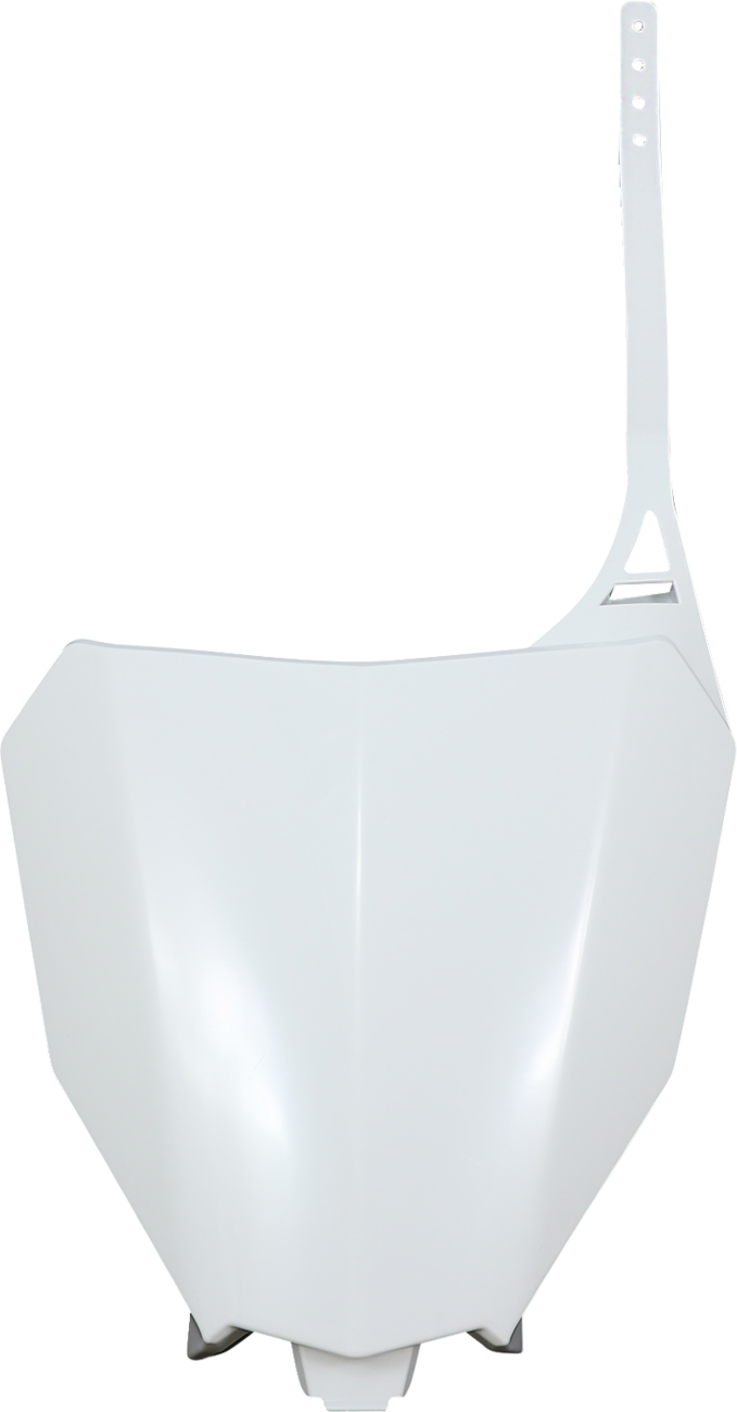 White Acerbis front number plate for motorcycle, featuring a sleek body design with mounting holes, branded by Bill's Exhausts.