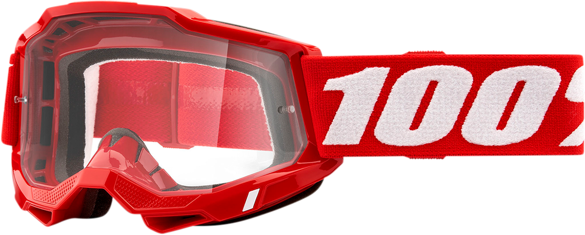 Bill's Exhausts 100% Accuri 2 OTG goggles in red with clear lenses, designed for motorcycle or motocross riding.