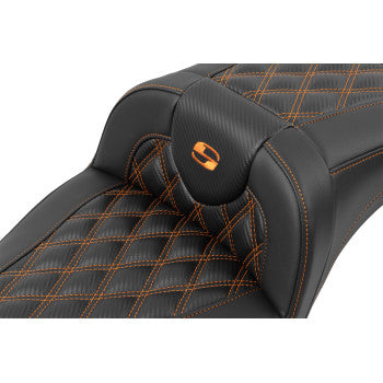 SADDLEMEN Roadsofaâ„¢ Extended Reach Seat - without Backrest - Lattice Stitch - Orange Stitch - FL/FX '23-'24 823-07-20703 - Howling Moto