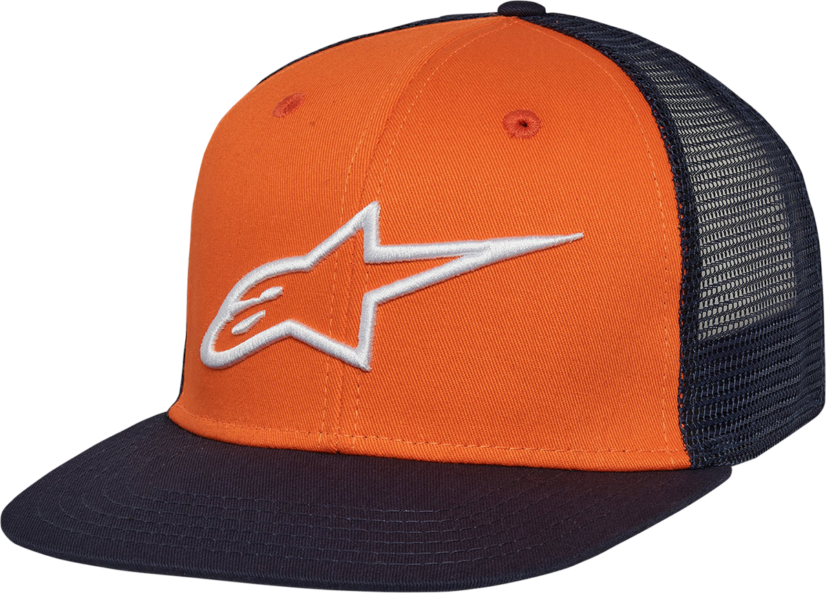 Alpinestars Corp trucker hat in orange and navy with adjustable snapback, featuring the Alpinestars logo on front.