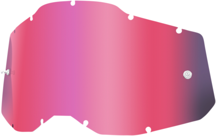 Pink 100% Accuri 2, Racecraft 2, or Strata 2 lenses for motorcycle helmets, featuring brand-specific design and clear optical quality.