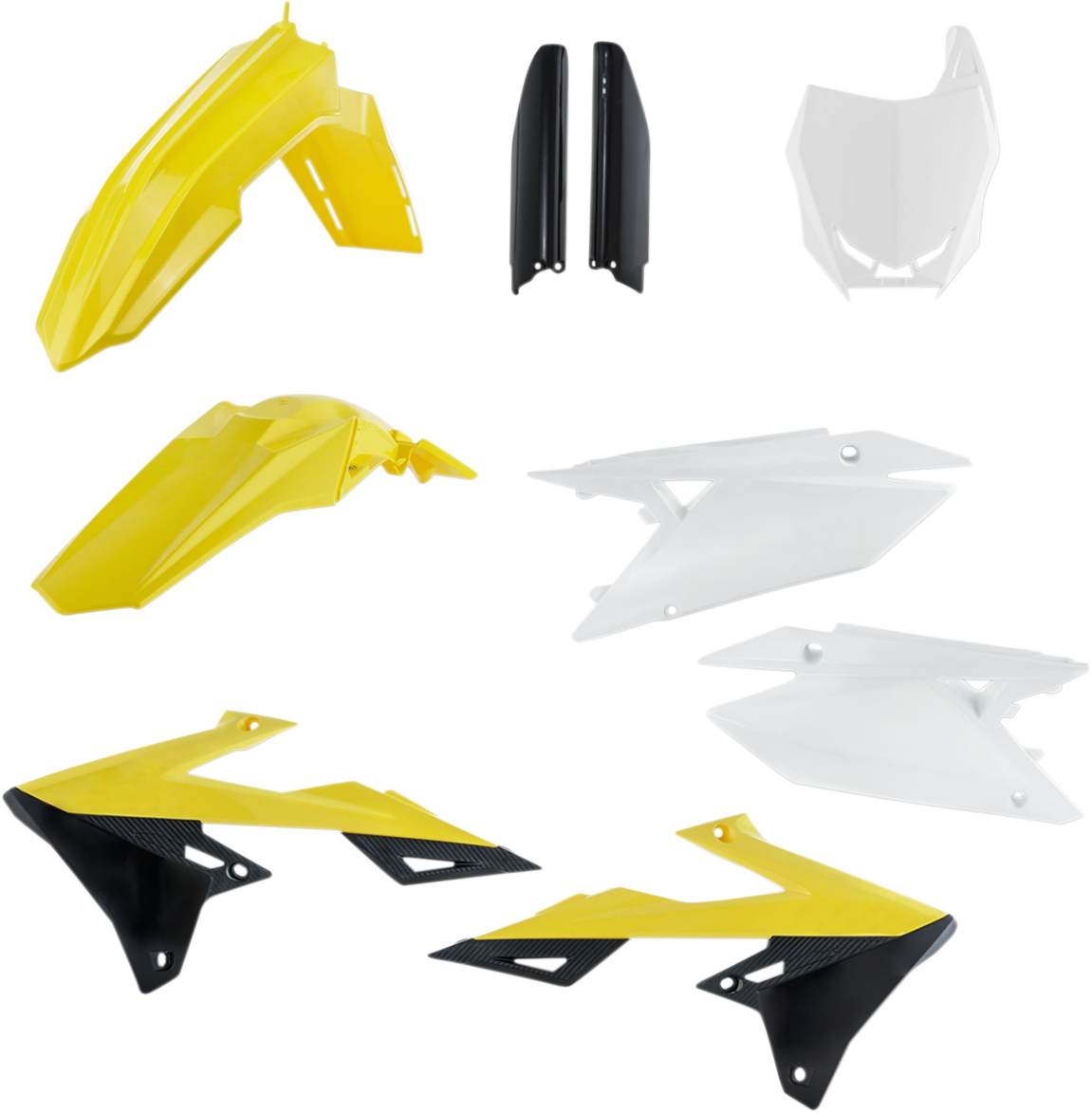 Acerbis full replacement body kit in yellow, white, and black for motorcycle, featuring OEM design and brand details.