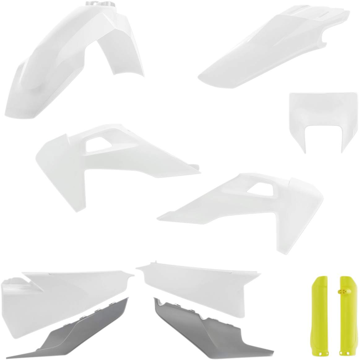 Acerbis OEM white, yellow, and gray full replacement body kit for motorcycles, showing the assembled body panels.