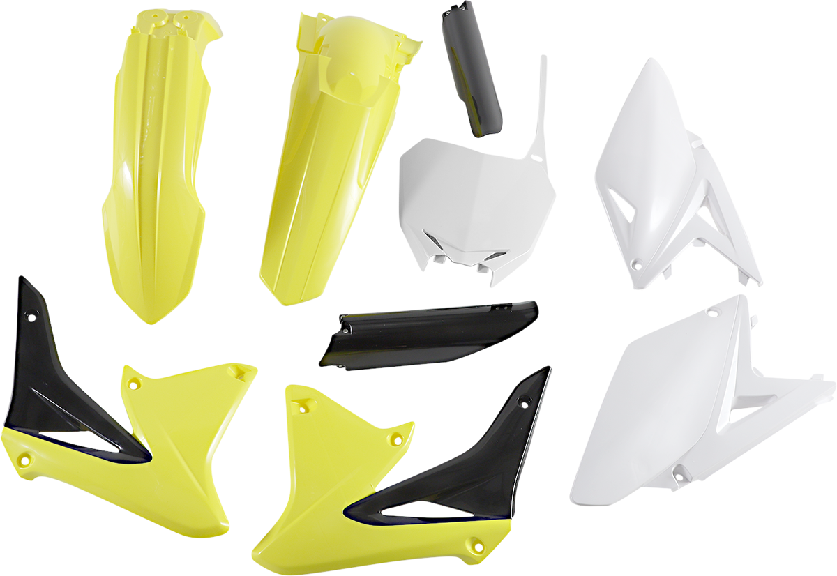 ACERBIS full replacement body kit in OEM yellow, white, and black for motorcycle, featuring sleek, aerodynamic design.
