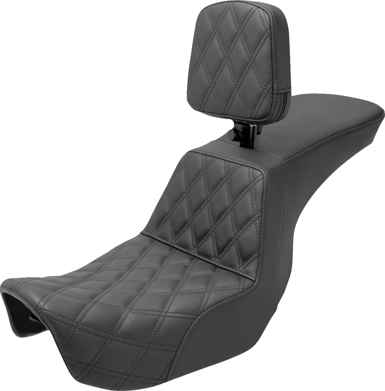SADDLEMEN Tour Step Up Seat with rider backrest and front lattice stitch for Dyna models 2006-2017, featuring black leather upholstery.