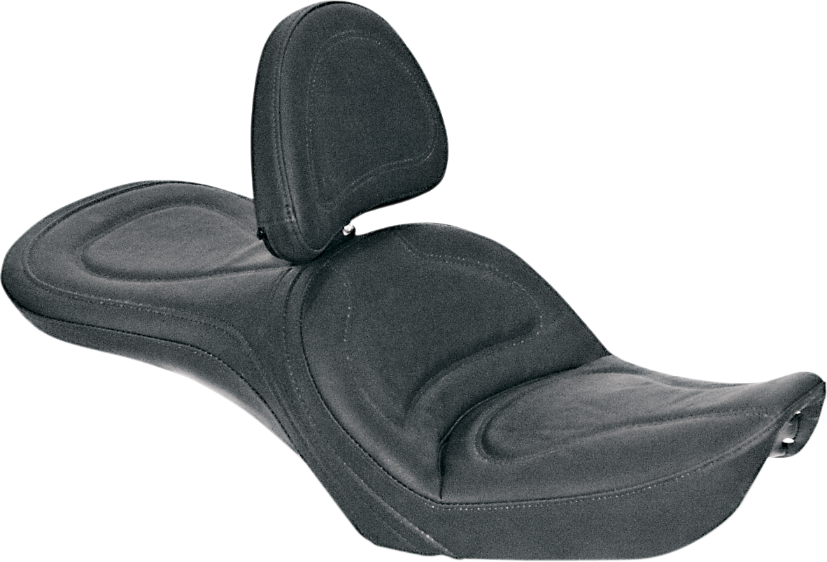 Black SADDLEMEN Explorer seat with backrest and stitched design for FXDWG motorcycle, designed by Bill's Exhausts.