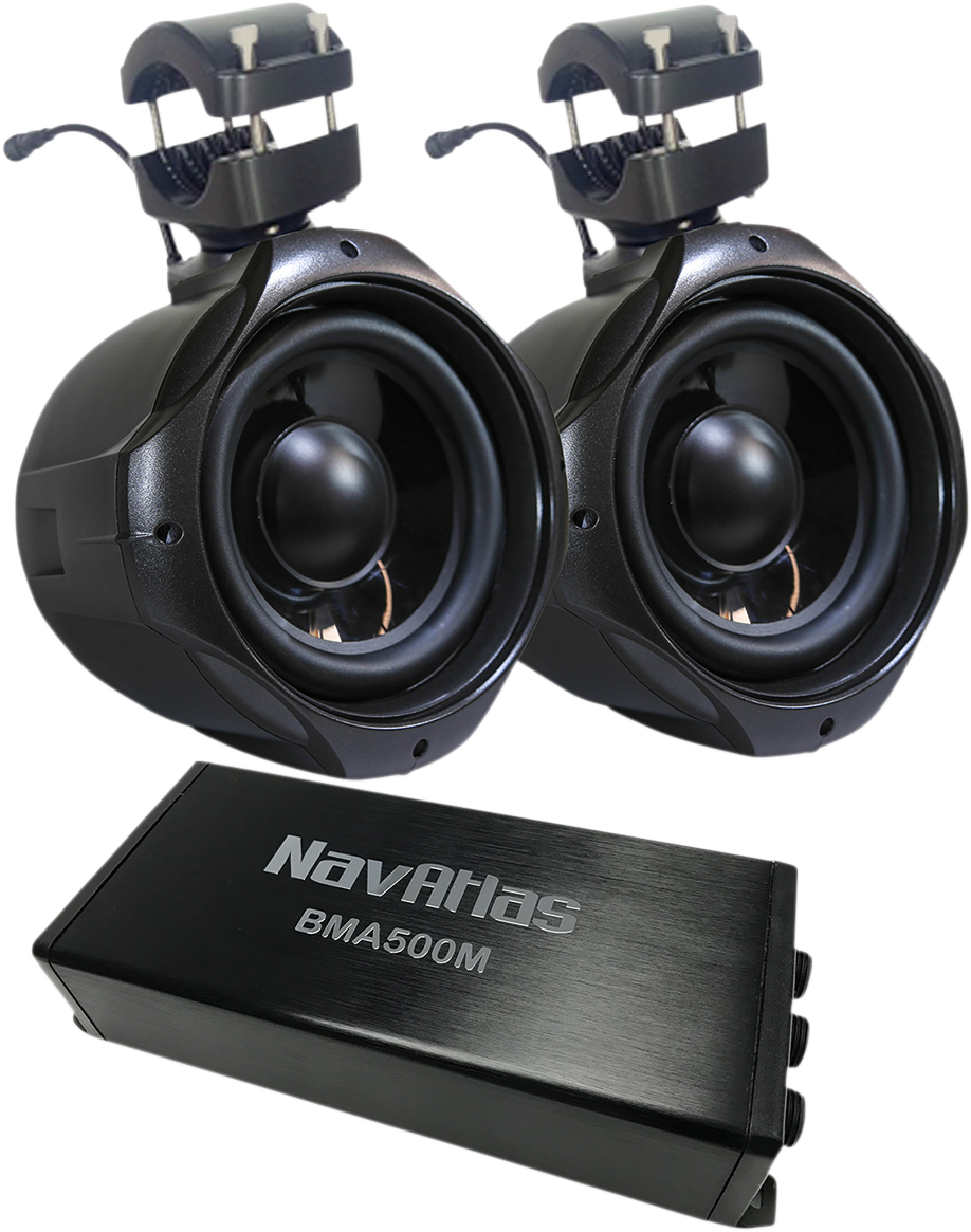 Bill's Exhausts NAVATLAS 8-inch subwoofer and amplifier NT308BPK engine component, showing the compact black unit with control features.