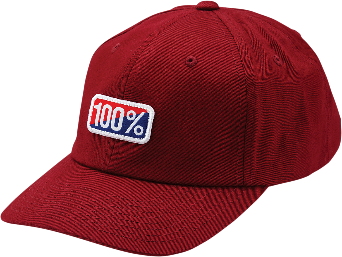 Bill's Exhausts 100% Select Dad Hat in chili pepper color, showing the classic cap style with adjustable strap and logo embroidery.