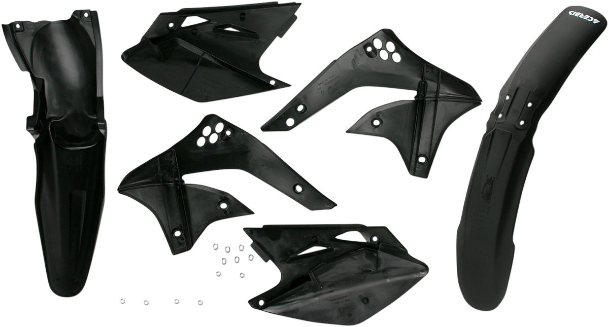 A black Acerbis standard replacement body kit for motorcycles, displayed on a plain background.