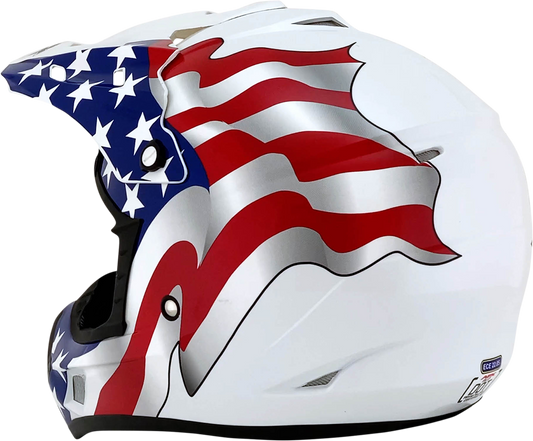 White AFX FX-17 helmet with flag design in 2XL size, featuring a sleek helmet shape and detailed graphics.