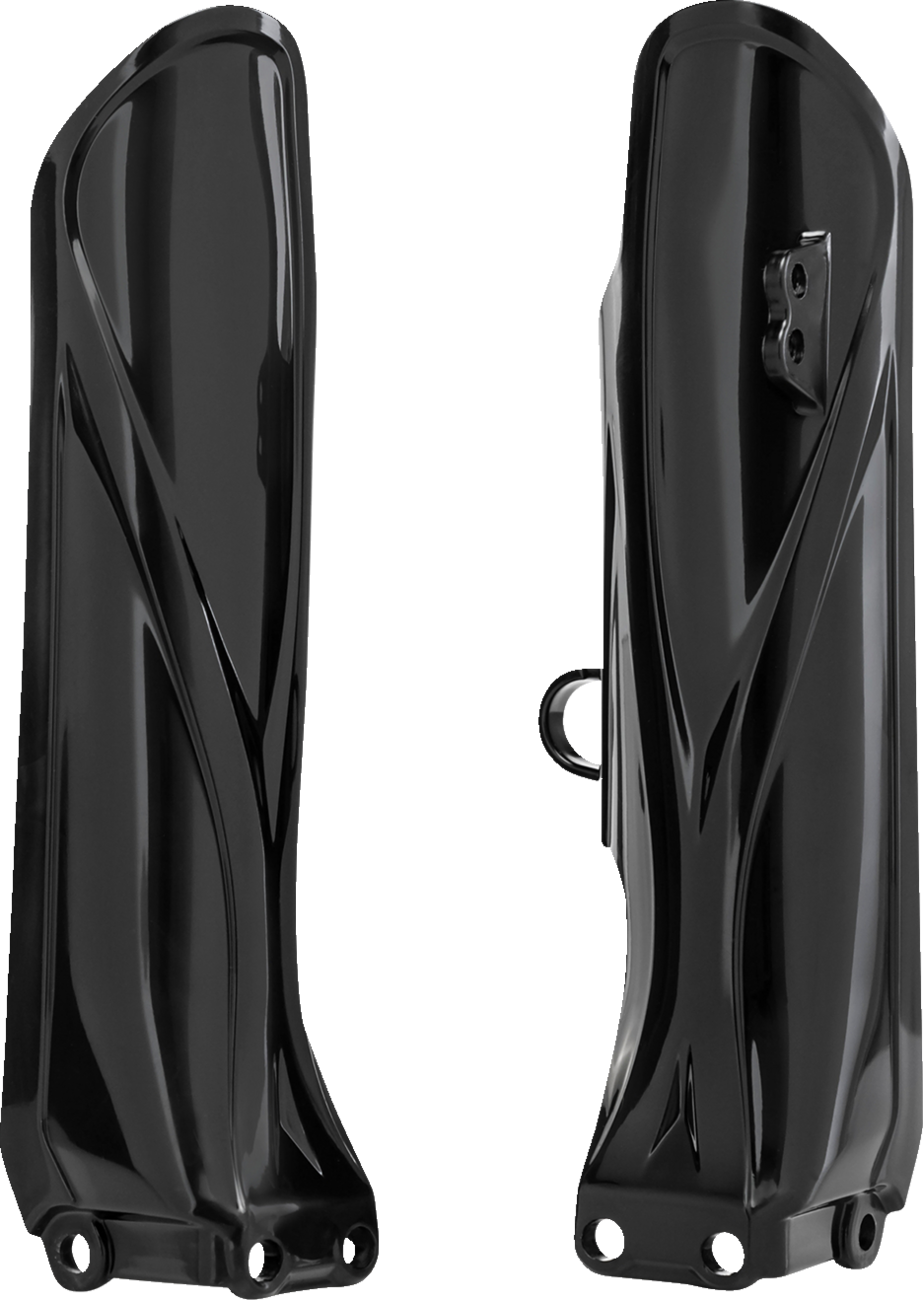 Acerbis black lower fork cover for Yamaha YZ85 motorcycle, model years 2019-2023, shown on a bike with detailed close-up.