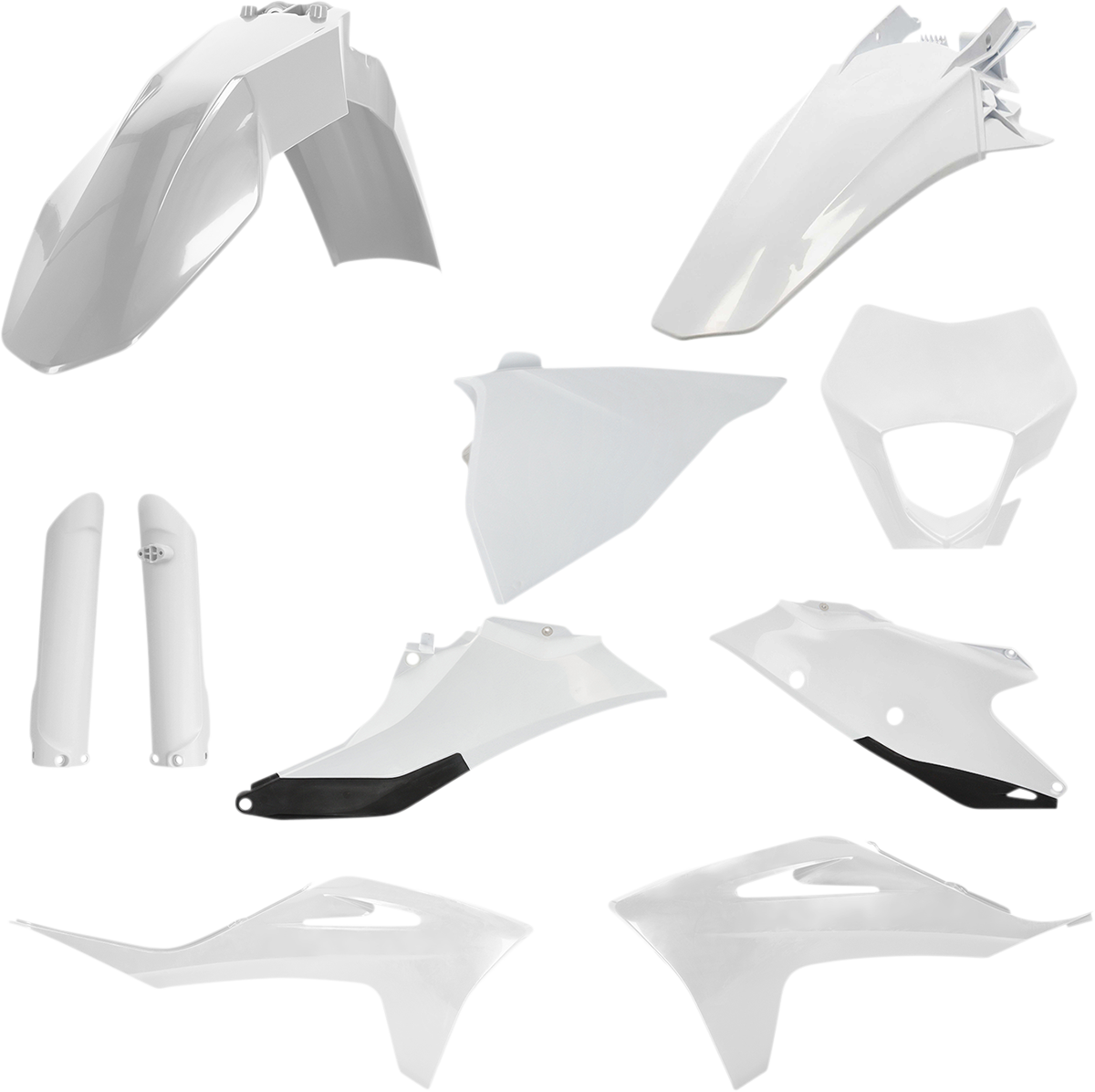 A white and black Acerbis full replacement motorcycle body kit with panels and fairings, designed for custom bike modification.