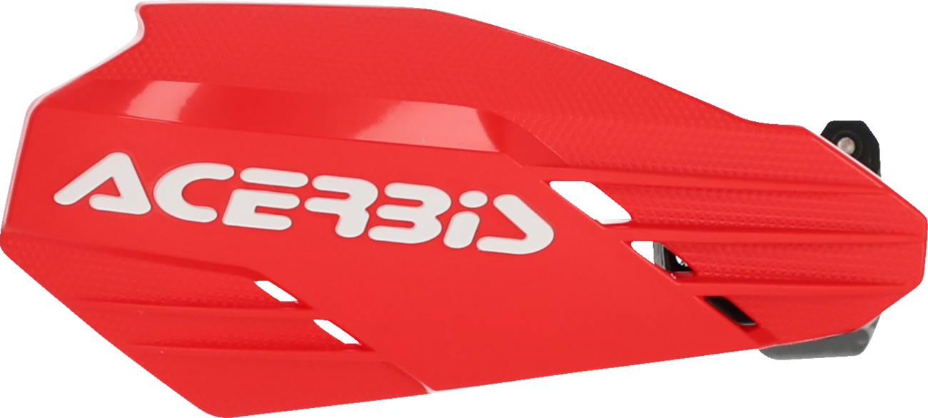 Acerbis K-Linear handguards in red and white mounted on motorcycle handlebars, offering protection and style.