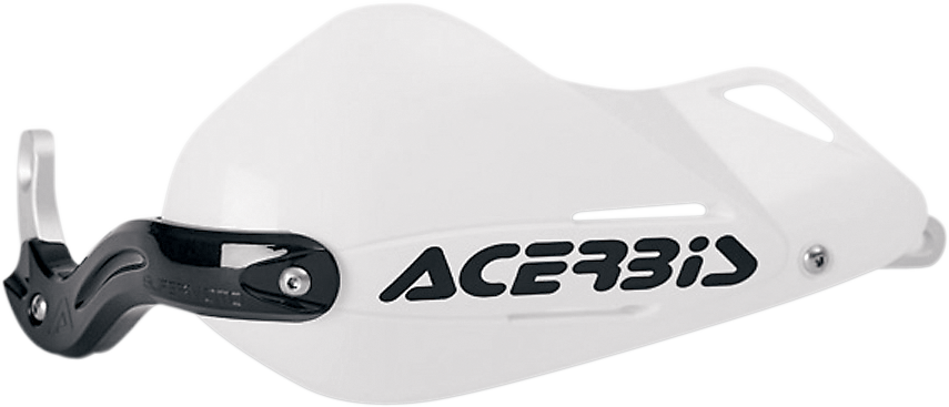 A set of white Acerbis X-Strong supermoto handguards mounted on motorcycle handlebars, designed for protection and style.