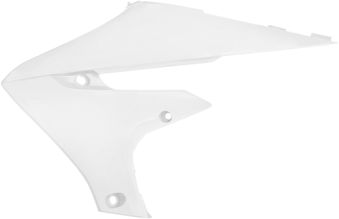 White ACERBIS radiator shrouds for body, designed for motorcycle cooling system, with visible mounting points and aerodynamic shape.