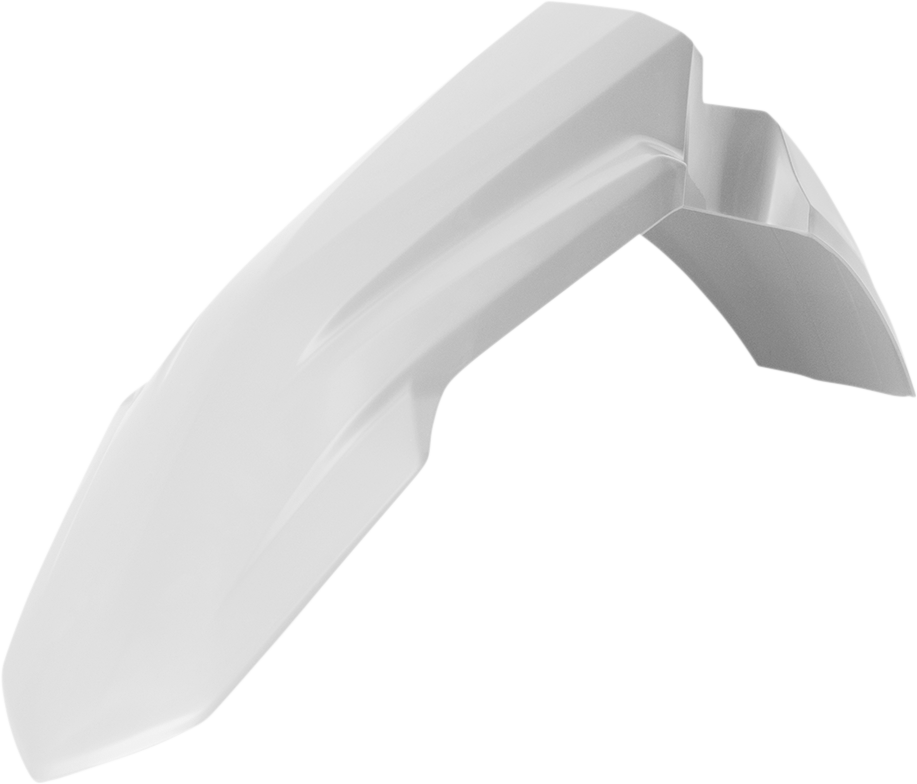 White Acerbis front fender for motorcycle, lightweight body part with brand-specific design, suitable for off-road or dirt bikes.