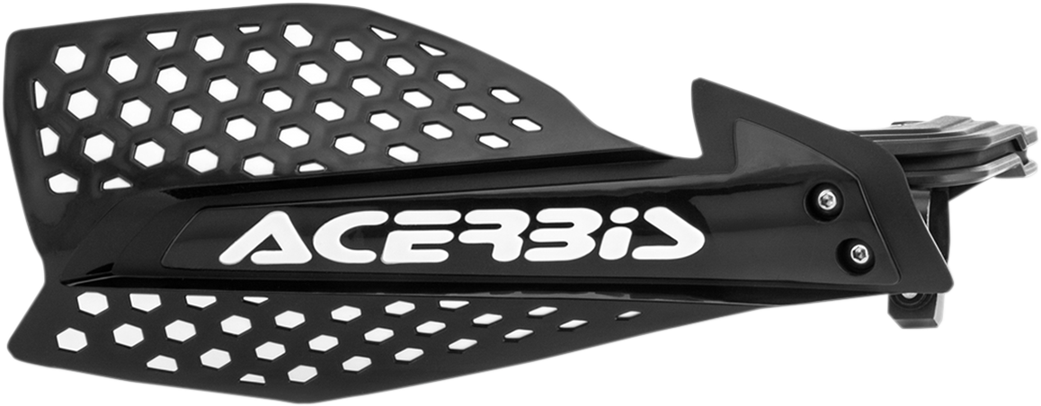 A pair of black and white Acerbis X-Ultimate handguards for motorcycles, mounted on handlebars, with a sleek protective design.