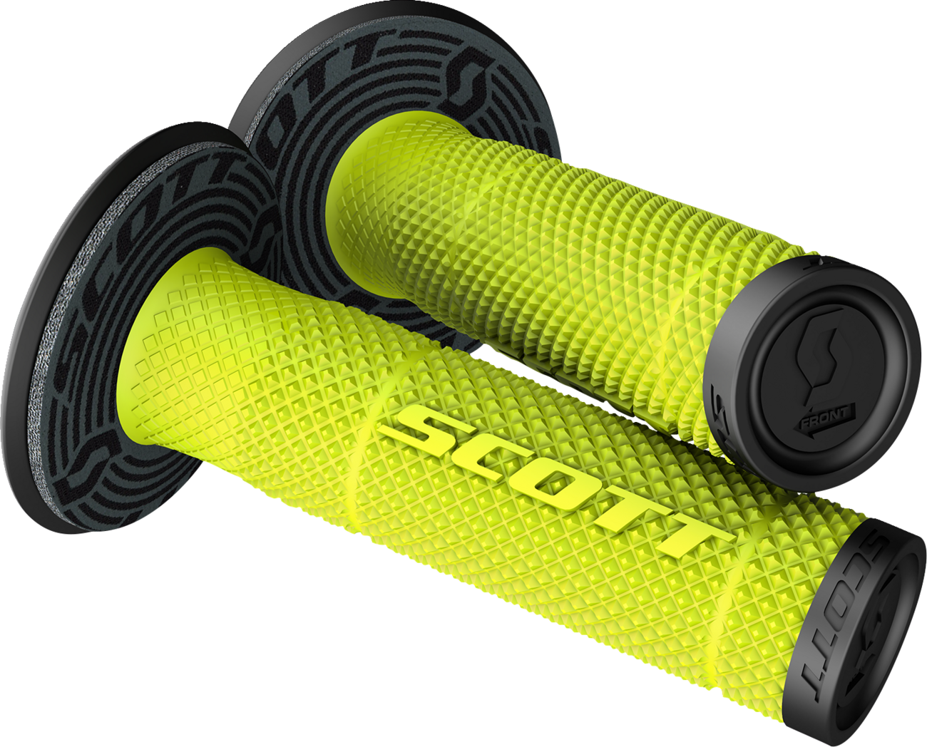 Scott SX II black and yellow motorcycle grips by Bill's Exhausts, shown on an engine with textured rubber surface and metal clamps.