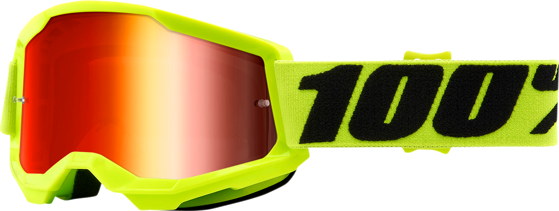 Bill's Exhausts 100% Youth Strata 2 goggles in yellow with red mirror lenses, designed for motocross or off-road riding.