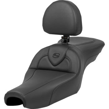 Black SADDLEMEN Roadsofa™ seat with backrest for XL motorcycles, featuring durable construction and comfortable padding.