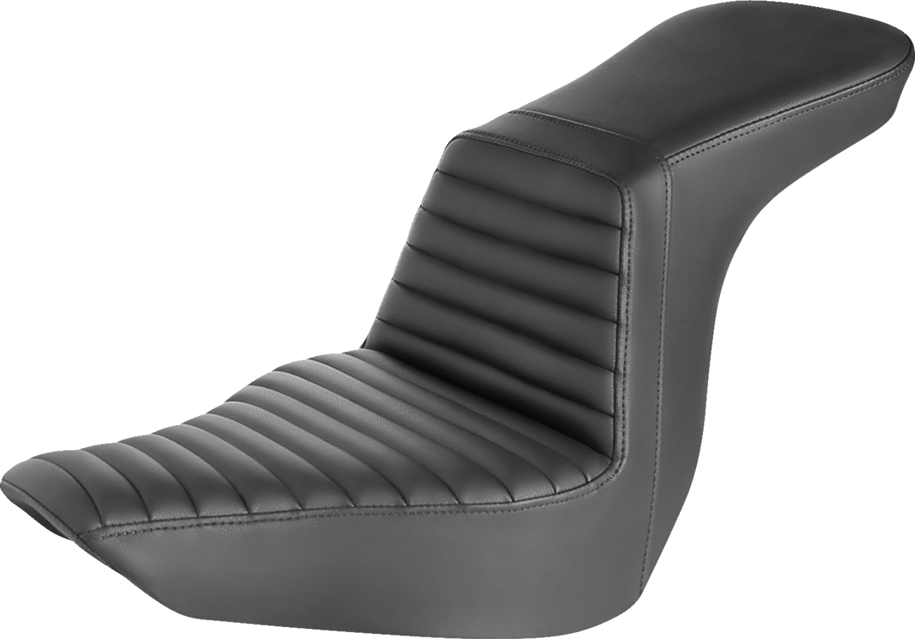 Black SADDLEMEN Step-Up Front Tuck-n-Roll motorcycle seat with sleek design, showcasing detailed stitching and sturdy construction.