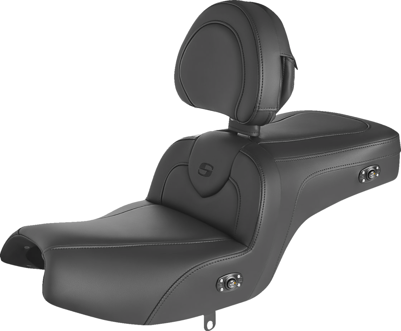 Black SADDLEMEN RoadSofa heated motorcycle seat with backrest and black stitching, designed for Challenger models 2020-2022.