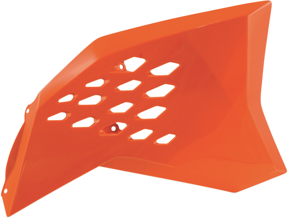 Orange ACERBIS radiator shrouds for motorcycle body protection, designed for durability and style by Bill's Exhausts.