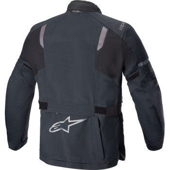 Black and gray ALPINESTARS ST7 2L GTX motorcycle jacket in 2XL size, showing the front view with logo and waterproof fabric.