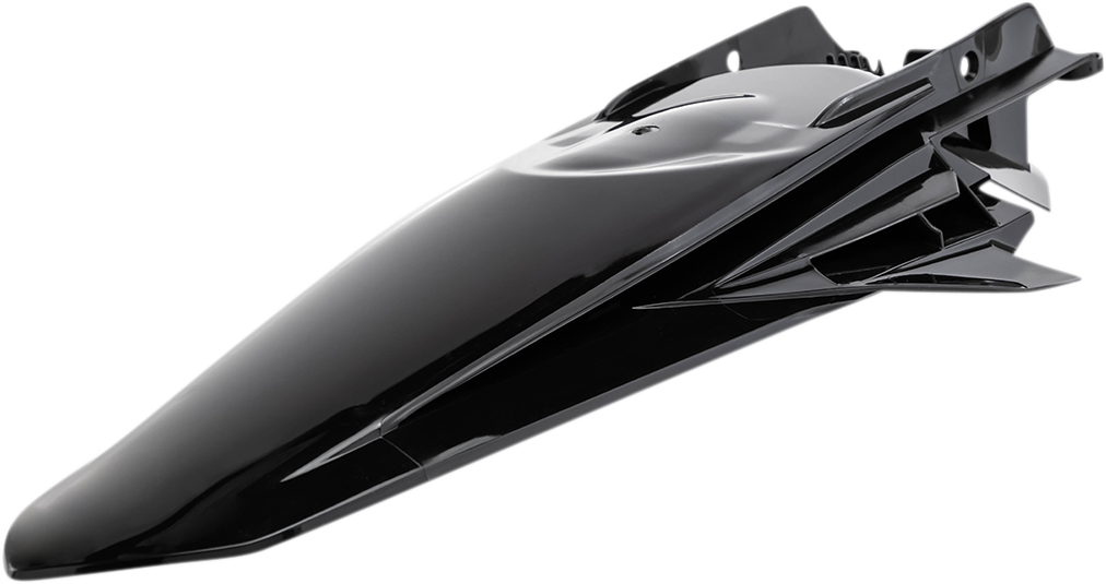 Black Acerbis rear fender for motorcycle, designed for durability, with a sleek body style and mounting points visible.