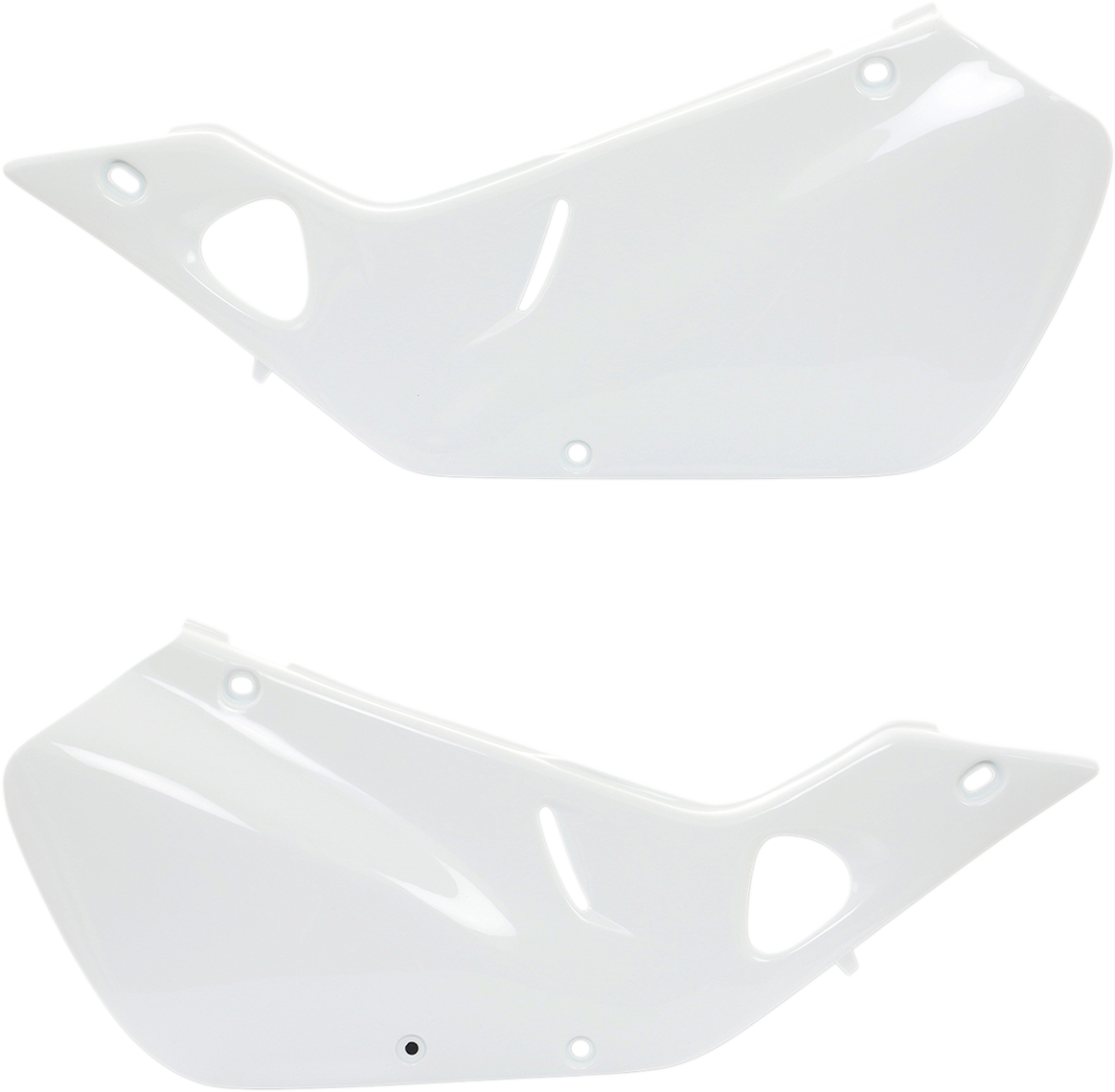 Acerbis white motorcycle side panels labeled 2071320002, made of durable body material, designed for off-road or motocross bikes.