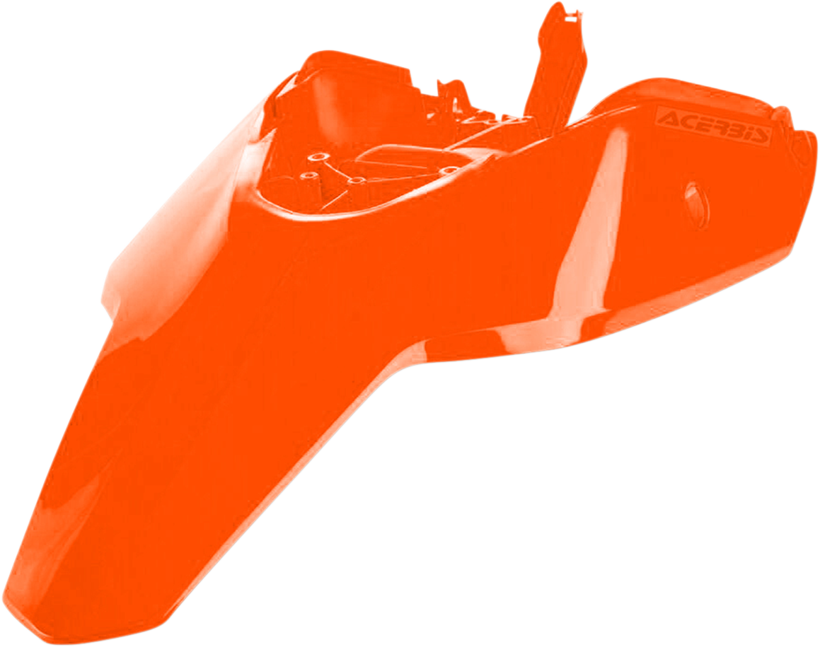 Orange ACERBIS rear fender for motorcycle, with body design, in a product image showing its sleek shape and vibrant color.