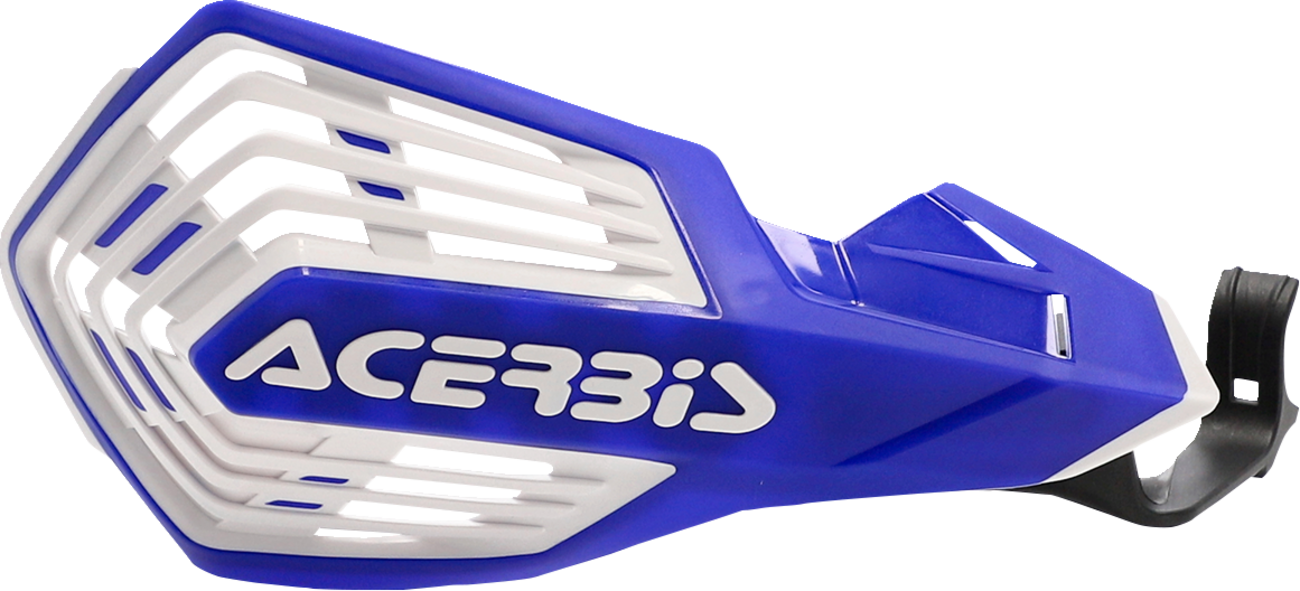 Acerbis K-Future blue and white motorcycle handguards mounted on handlebars, providing protection and style for off-road riding.