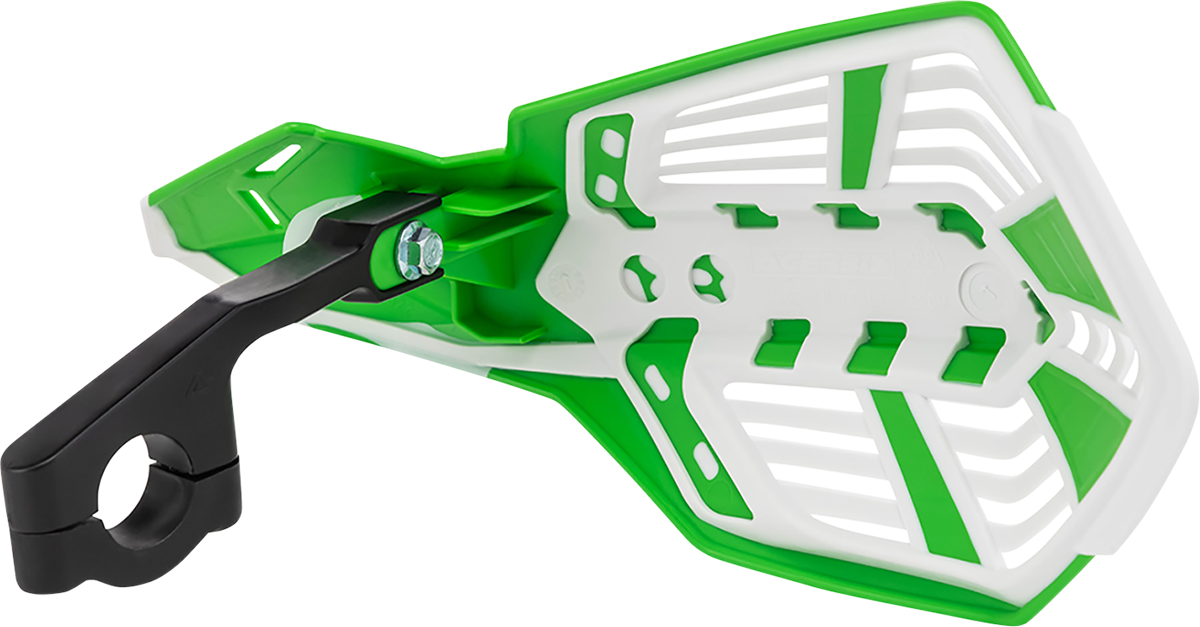 A pair of ACERBIS X-Future handguards in green and white, designed for motorcycle handlebars, with mounting hardware visible.