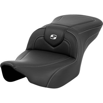 Bill's Exhausts SADDLEMEN Roadsofa™ seat in carbon fiber with silver stitching and logo, shown without backrest on a motorcycle.