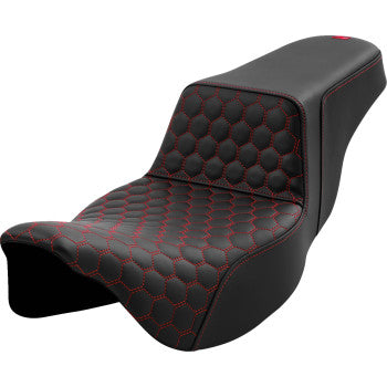 SADDLEMEN Step-Up Seat in honeycomb design with red stitching for FL motorcycles, extended reach seat by Bill's Exhausts