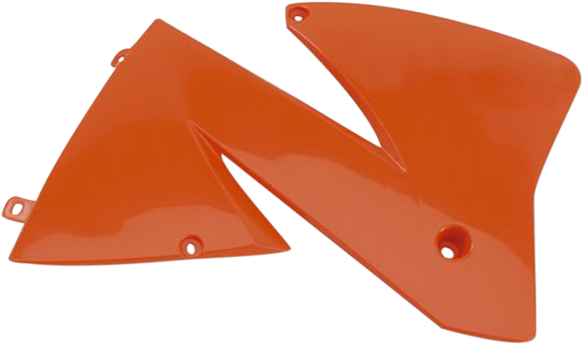 Orange ACERBIS radiator shrouds for motorcycle body, featuring sleek design and vibrant color, compatible with Bill's Exhausts models.