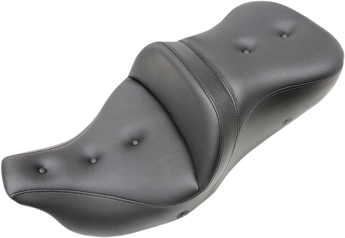 Black SADDLEMEN Roadsofa heated seat with pillow top for 2009-2023 FLHTCUTG, designed for Harley Davidson touring motorcycles.