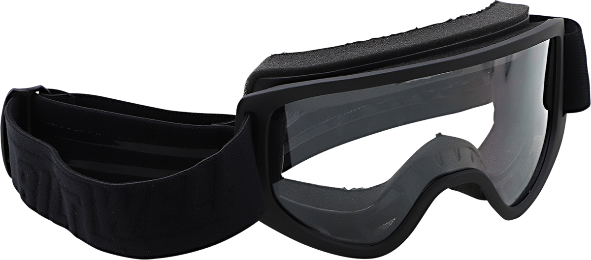 Black BILTWELL Moto 2.0 goggles with tinted lenses, designed for motorcycle helmets, featuring a sleek black blackout finish.
