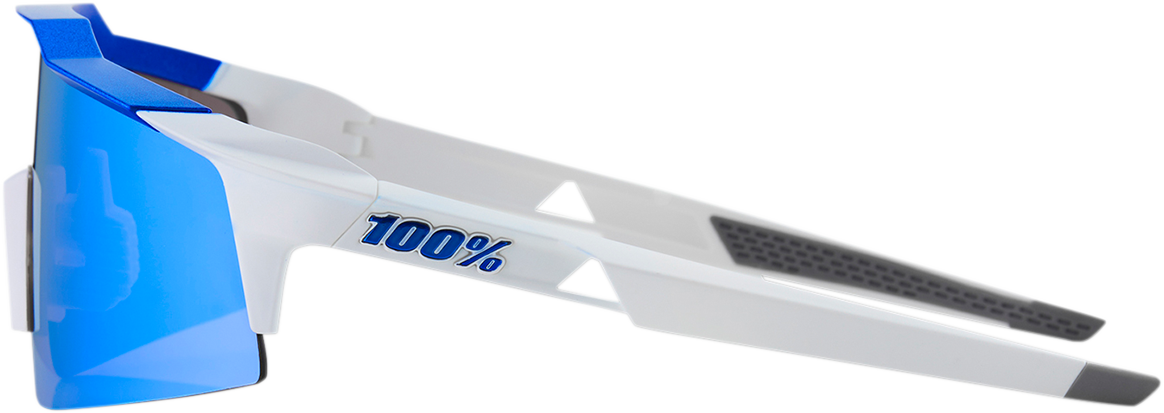 Bill's Exhausts Speedcraft SL sunglasses in white with blue mirror lenses, showcasing sleek sporty design and reflective blue tint.