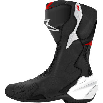 Alpinestars SMX-6 V3 motorcycle boots in black, white, and red graphic with US size 11.5, EU 46, showing side view and protective features.