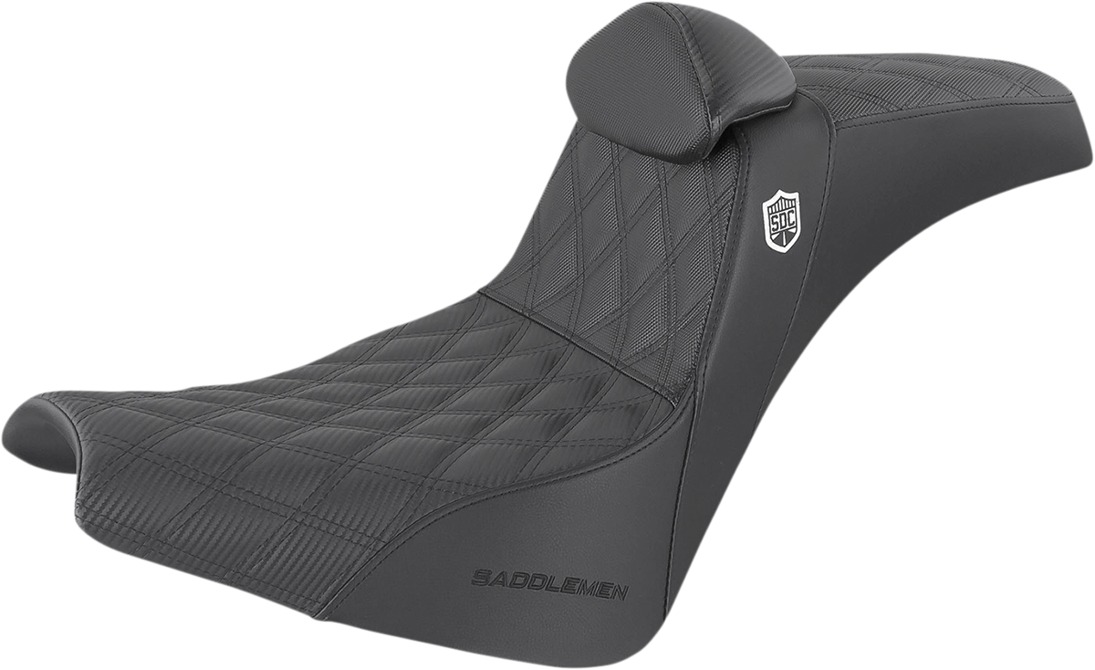 Bill's Exhausts SADDLEMEN Pro Series SDC seat with backrest, black leather, full lattice stitch, lumbar gripper for motorcycle comfort