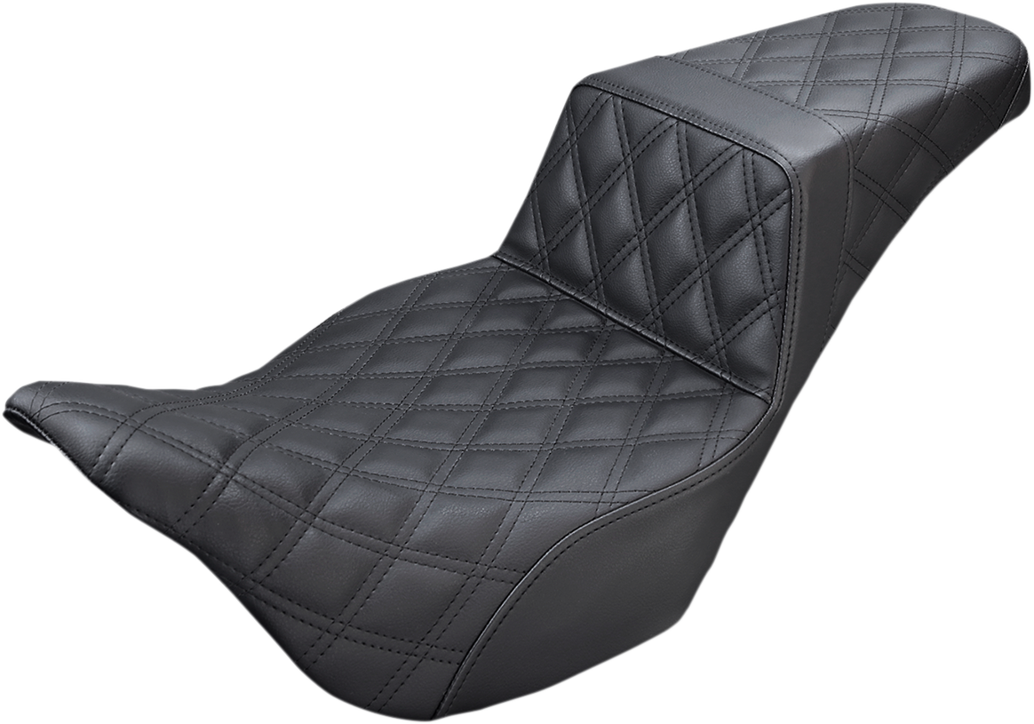 Black SADDLEMEN Step-Up Seat with full lattice stitch for Harley FL models, designed for '08-'23 bikes, by Bill's Exhausts.