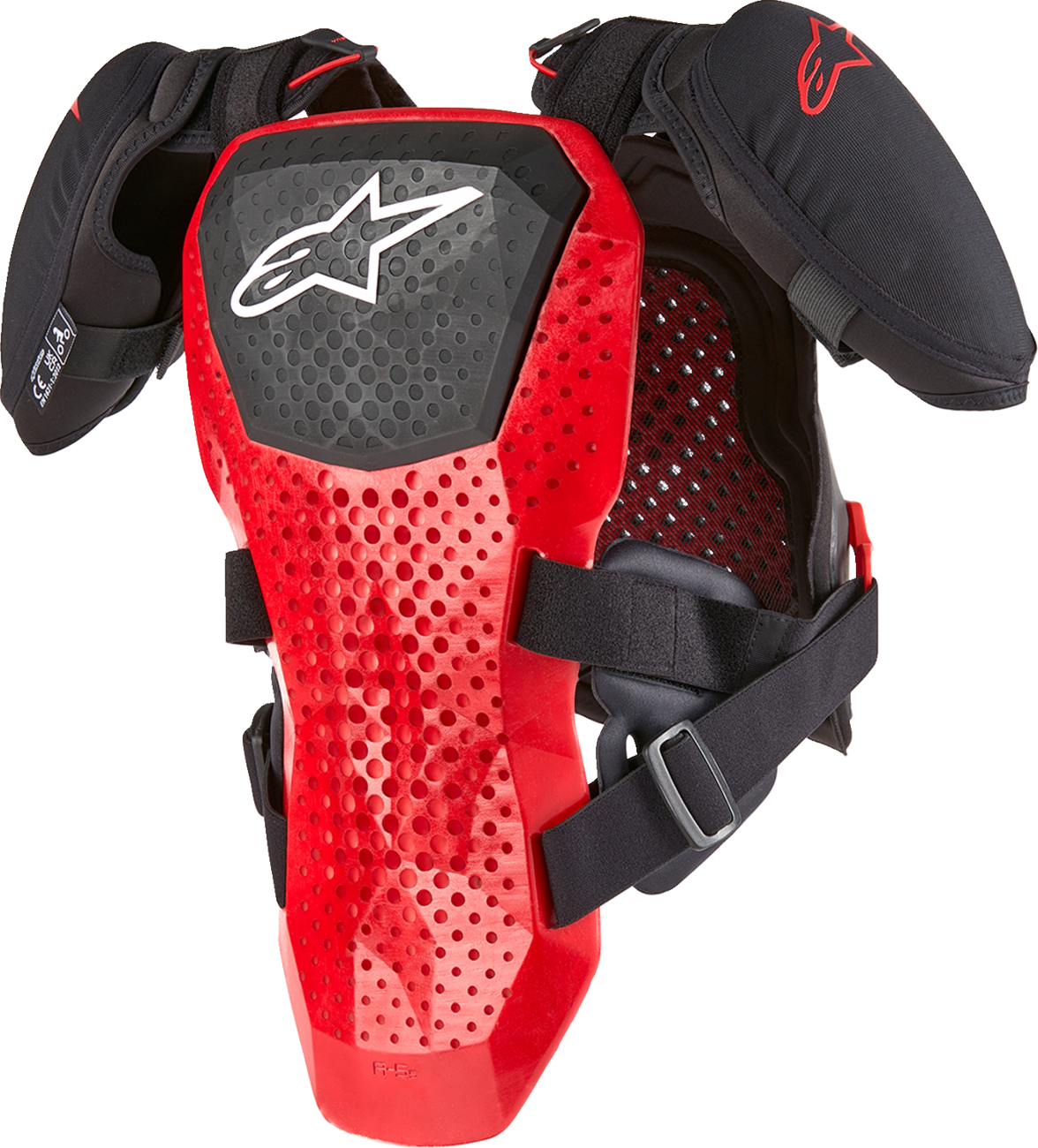 Alpinestars Youth A5 S v2 Chest Guard in black, white, and red, size L/XL, featuring protective padding and adjustable straps.