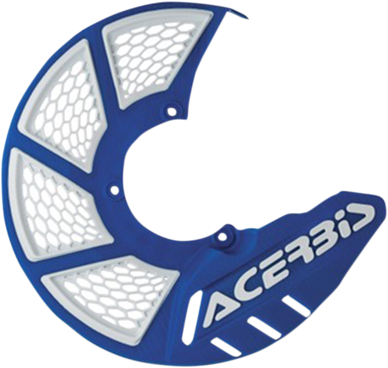 A blue and white ACERBIS X-Brake disc cover for motorcycle, with body design and brand details visible on the product.