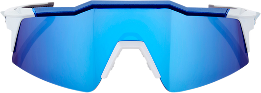 Bill's Exhausts 100% Speedcraft SL sunglasses in white with blue mirror lenses, featuring sporty frame and reflective blue tinted lenses.