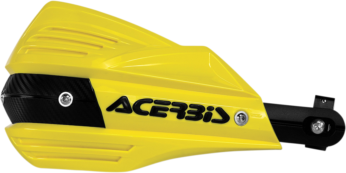 A pair of yellow ACERBIS X-Factor motorcycle handguards with black mounting brackets on a white background.