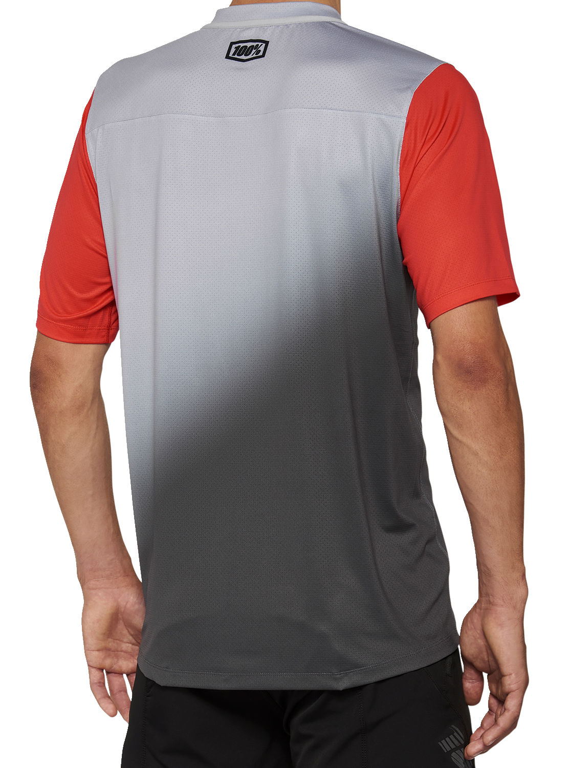 Gray and racer red short-sleeve jersey made of 100% Celium fabric by Bill's Exhausts, medium size, shown front view.