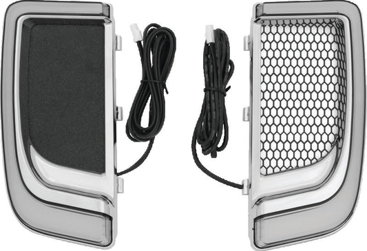 Kuryakyn Tracer LED fairing lower grills with white running lights and amber flash for air-cooled motorcycle models.